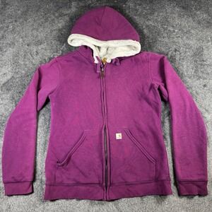 Carhartt Sherpa Full Zip Hooded Sweatshirt Womens M 8-10 Purple Jacket Distresss